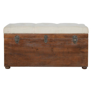 White Linen Storage Trunk | Solid Mango Wood | Chestnut Finish | Buttoned Bench