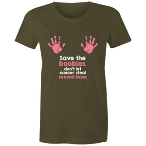 Women's Save The Boobies Don't Let Cancer Steal Second Base T-shirt
