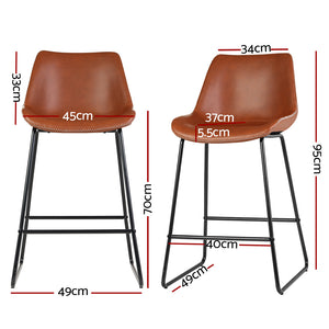 Set of 2 Metal Bar Stools With Brown Seats
