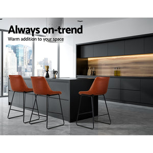 Set of 2 Metal Bar Stools With Brown Seats