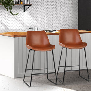 Set of 2 Metal Bar Stools With Brown Seats