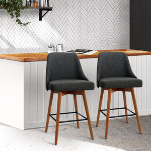 Wooden And Charcoal Fabric Bar Stools With Square Footrest