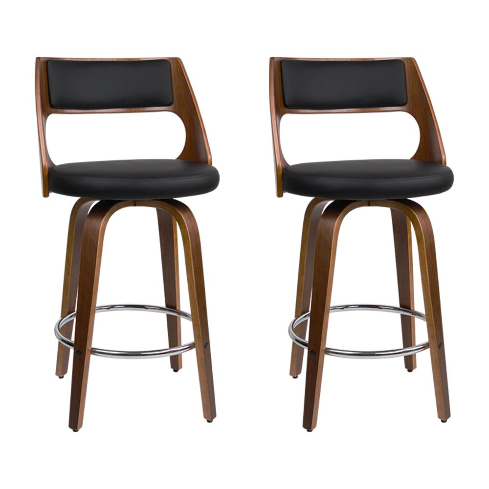 Wooden Bar Stools With PU Leather Seats - 2 Pack