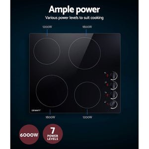 Devanti Ceramic Cooktop 60cm Electric Kitchen Burner Cooker 4 Zone Knobs Control - The Hippie House