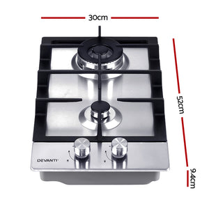 Devanti Gas Cooktop 30cm Gas Stove Cooker 2 Burner Cook Top Konbs NG LPG Steel