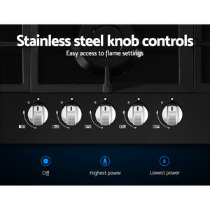 Devanti Gas Cooktop 90cm 5 Burner Stove Hob Cooker Kitchen NG LPG Black Glass