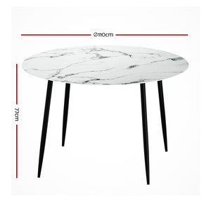Artiss Round Wooden Dining Table with Marble Effect Metal Legs (110CM, White)