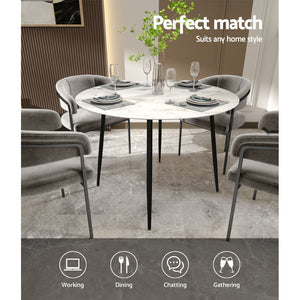 Artiss Round Wooden Dining Table with Marble Effect Metal Legs (110CM, White)