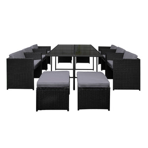 Large Black 11 Piece PE Wicker Outdoor Dining Set