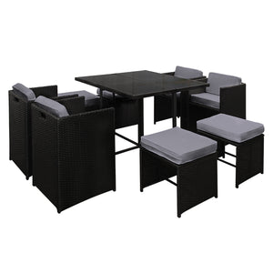 Large 9 Piece Wicker Outdoor Dining Set - Black & Grey