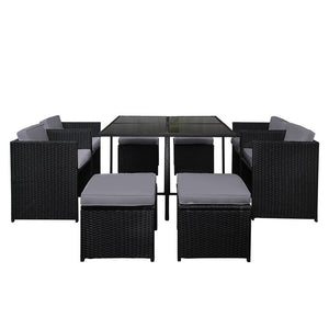 Large 9 Piece Wicker Outdoor Dining Set - Black & Grey