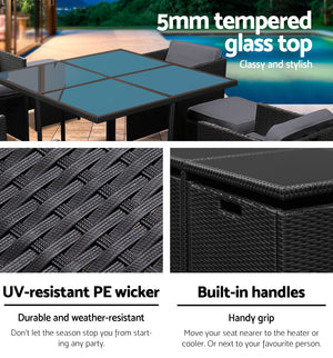 Large 9 Piece Wicker Outdoor Dining Set - Black & Grey