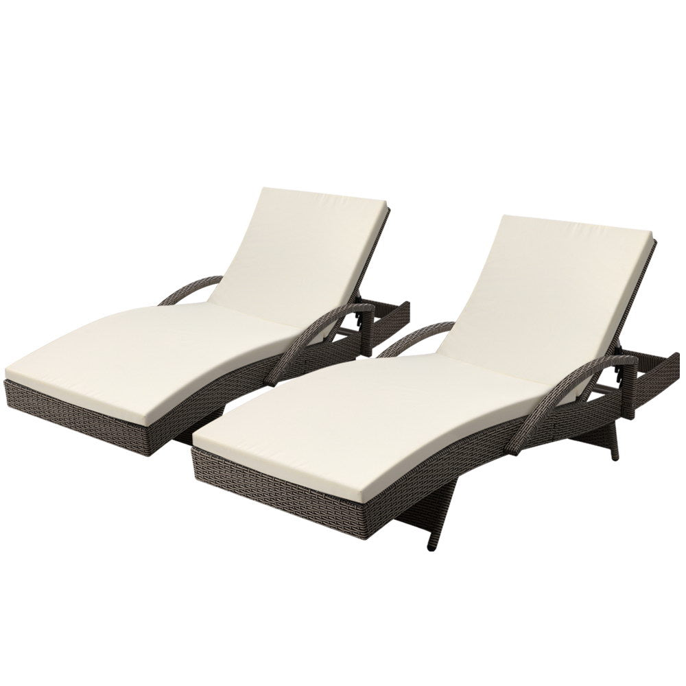 Grey Outdoor Sun Lounge Chair with Cushions - Set of 2