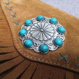 Genuine Leather Bohemian Gypsy Styled Handbag With Aqua Stones