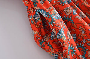 Women's Full Length Red Floral Printed Boho Jumpsuit | Short Sleeve + V-neck | S-L