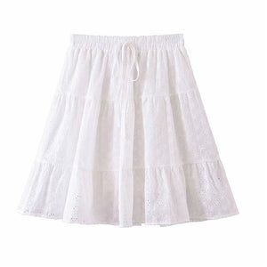 Women's White Festival Two Piece Outfit | Off Shoulder Short Sleeve Top + Bohemian Lace Mini Skirts | S-L