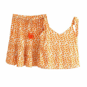 Women's Orange Floral Two Piece Suit | Sleeveless Top + Mini Skirts | S-L