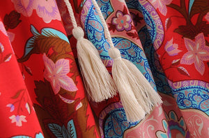 Women's Bohemian Styled Red Japanese Flower Long Skirt | M-L