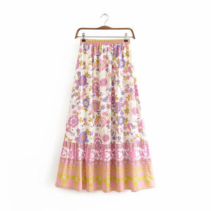 Women's Pink Floral Boho Two Piece Outfit | Ruffles Long Sleeve Top + Waist Skirts | S-L