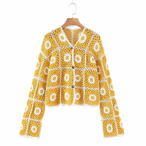 Women's Yellow Summer Floral Hollowed Out Jacket | Free Size