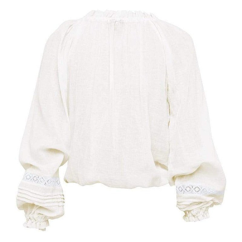 White Women's Bohemian Long Lantern Sleeved V-Neck Top | S-L
