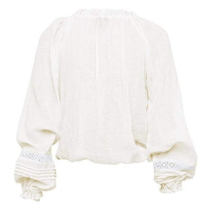 White Women's Bohemian Long Lantern Sleeved V-Neck Top | S-L