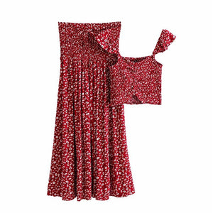 Women's Red Boho Two Piece Outfit | Sleeveless Top + Bohemian Dress | S-L