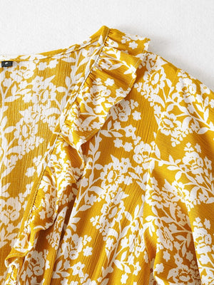 Women's Full Length Yellow Floral Printed Boho Jumpsuit | Short Sleeve + V-neck | S-L