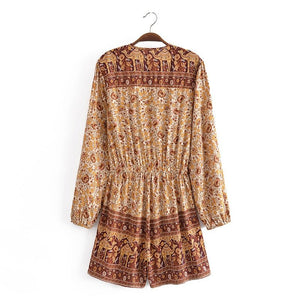 Women's Brown Bohemian Beach Romper | Rayon + Cotton | S-L