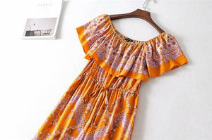 Women's Orange Floral Printed Sleeveless Boho Bodysuit Romper | S-L