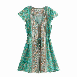Women's Hippie Deep V-Neck Bohemian Short Sleeve Dress | S-L| Various Colours
