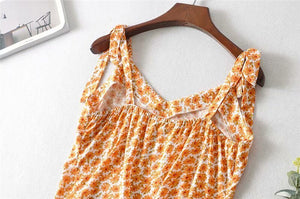 Women's Orange Floral Two Piece Suit | Sleeveless Top + Mini Skirts | S-L