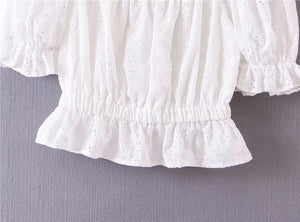 Women's White Festival Two Piece Outfit | Off Shoulder Short Sleeve Top + Bohemian Lace Mini Skirts | S-L