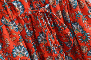 Women's Full Length Red Floral Printed Boho Jumpsuit | Short Sleeve + V-neck | S-L