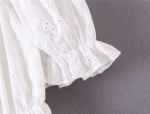 Women's White Festival Two Piece Outfit | Off Shoulder Short Sleeve Top + Bohemian Lace Mini Skirts | S-L