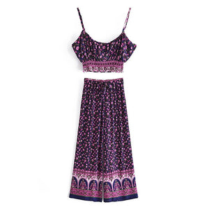 Women's Purple Boho Two Piece Outfit | Sleeveless Top + Bohemian Pants | S-L