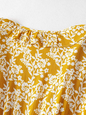 Women's Full Length Yellow Floral Printed Boho Jumpsuit | Short Sleeve + V-neck | S-L