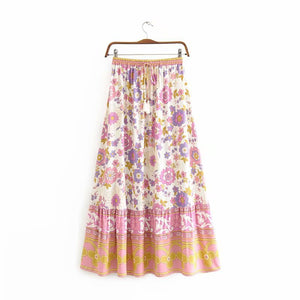 Women's Pink Floral Boho Two Piece Outfit | Ruffles Long Sleeve Top + Waist Skirts | S-L