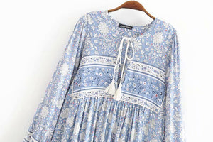 Light Blue Floral Vintage Styled Dress | Tassels + V-Neck | S-L