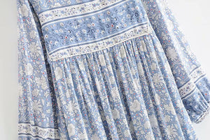 Light Blue Floral Vintage Styled Dress | Tassels + V-Neck | S-L