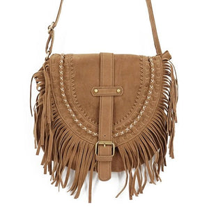 Women's Hippy Styled Fringed Messenger Bag - Faux Suede