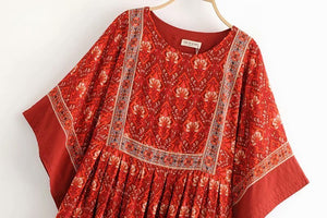 Women's Red Floral Bohemian Mini Dress | O-Neck + Batwing Sleeves | S-L