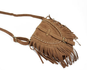 Women's Hippy Styled Fringed Messenger Bag - Faux Suede
