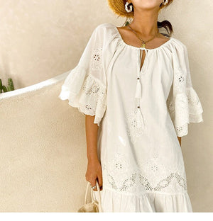 Gypsy Styled Loose Casual White Beach Dress With Tassels | S-L