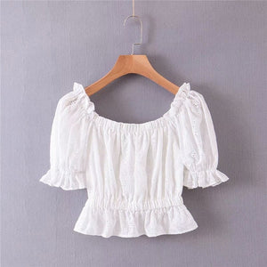 Women's White Festival Two Piece Outfit | Off Shoulder Short Sleeve Top + Bohemian Lace Mini Skirts | S-L