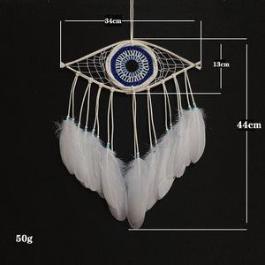 Mini White Evil Eye Bohemian Styled Dream Catcher With White Feathers