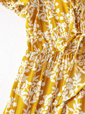 Women's Full Length Yellow Floral Printed Boho Jumpsuit | Short Sleeve + V-neck | S-L