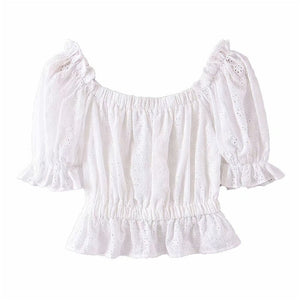 Women's White Festival Two Piece Outfit | Off Shoulder Short Sleeve Top + Bohemian Lace Mini Skirts | S-L