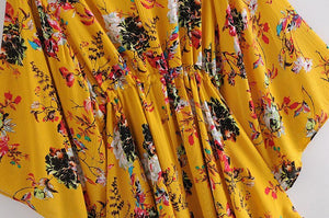 Women's Yellow Batwing Boho Dress | Deep V-Neck | S-L