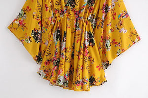 Women's Yellow Batwing Boho Dress | Deep V-Neck | S-L